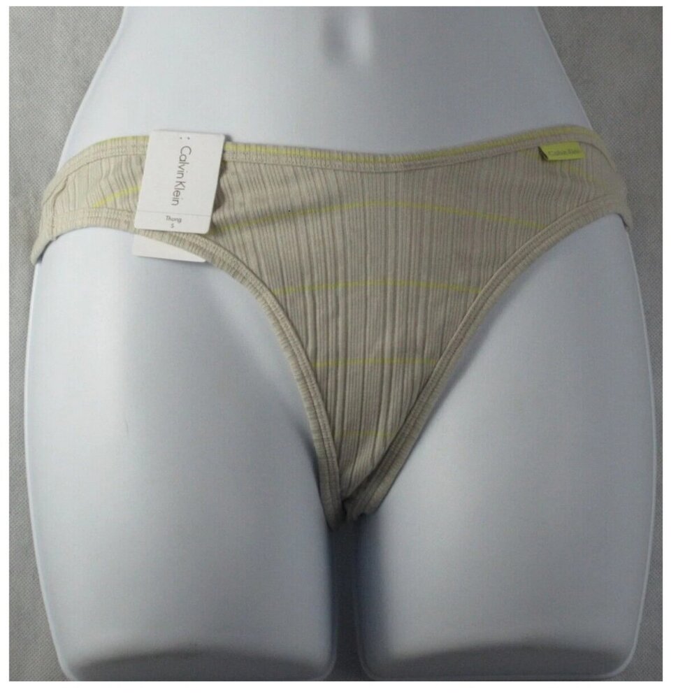 Calvin Klein Women's Ribbed Knit Thong Panty Underwear, Beige Stripe, Small